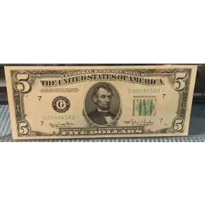 $5 1950 blue-Green seal. Small Size $5 Federal Reserve Notes 1961-G* (2)