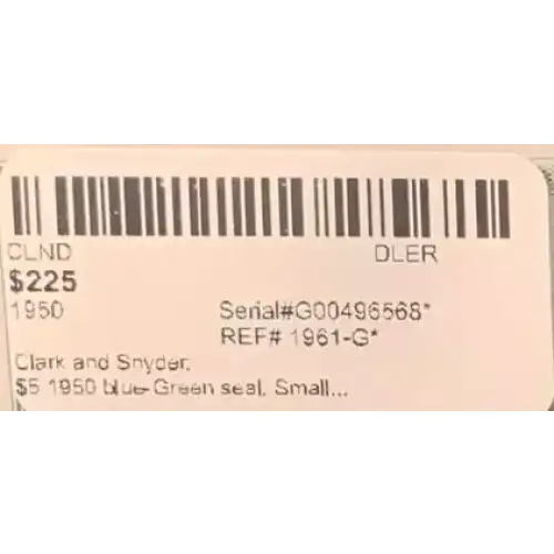 $5 1950 blue-Green seal. Small Size $5 Federal Reserve Notes 1961-G*