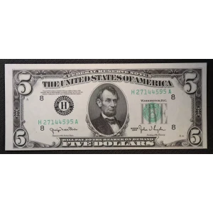 $5 1950 blue-Green seal. Small Size $5 Federal Reserve Notes 1961-H