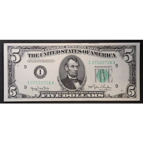 $5 1950 blue-Green seal. Small Size $5 Federal Reserve Notes 1961-I