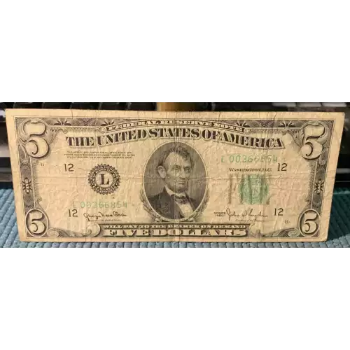 $5 1950 blue-Green seal. Small Size $5 Federal Reserve Notes 1961-L*