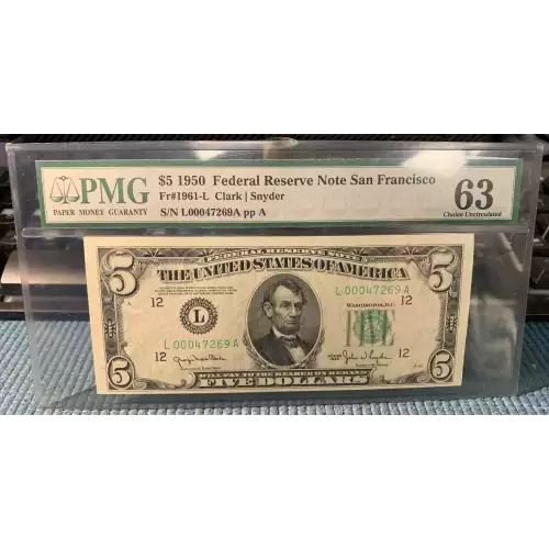 $5 1950 blue-Green seal. Small Size $5 Federal Reserve Notes 1961-L (2)