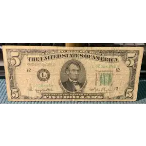 $5 1950 blue-Green seal. Small Size $5 Federal Reserve Notes 1961-L*