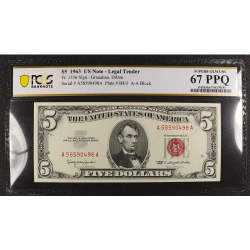 $5 1963 red seal. Small Legal Tender Notes 1536