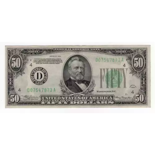 $50 1934 blue-Green seal. Small Size $50 Federal Reserve Notes 2102a-D