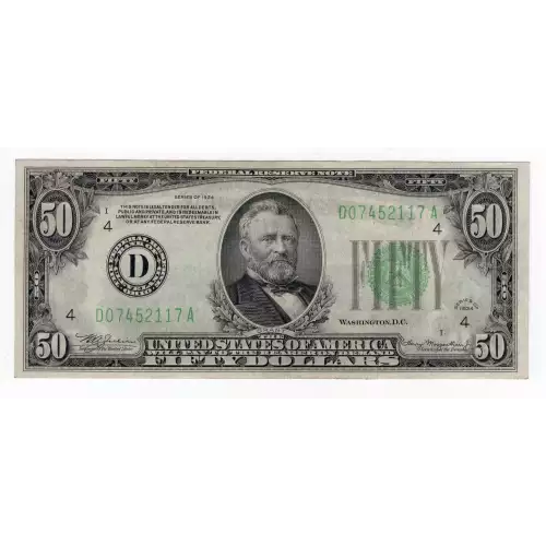 $50 1934 blue-Green seal. Small Size $50 Federal Reserve Notes 2102a-D