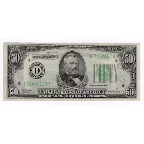 $50 1934 blue-Green seal. Small Size $50 Federal Reserve Notes 2102a-D