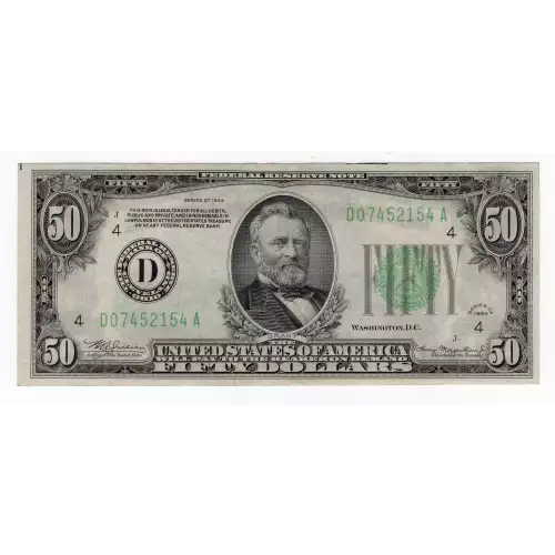 $50 1934 blue-Green seal. Small Size $50 Federal Reserve Notes 2102a-D