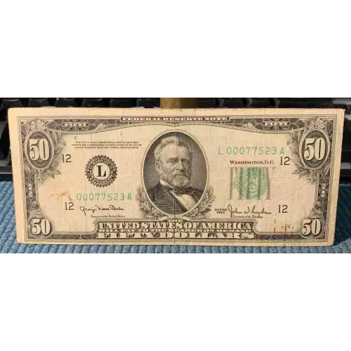 $50 1950 blue-Green seal. Small Size $50 Federal Reserve Notes 2107-L (3)