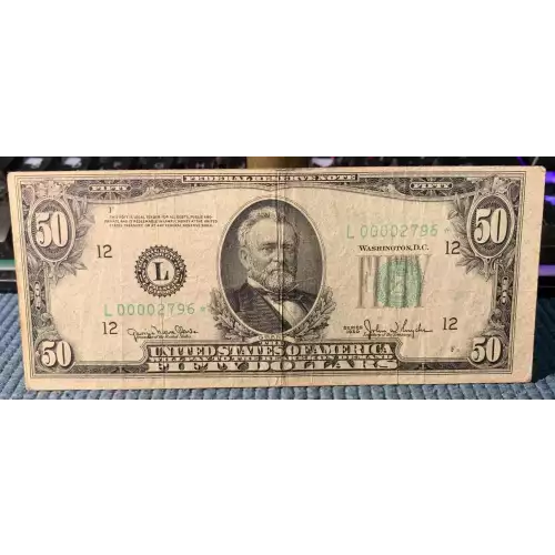 $50 1950 blue-Green seal. Small Size $50 Federal Reserve Notes 2107-L* (3)