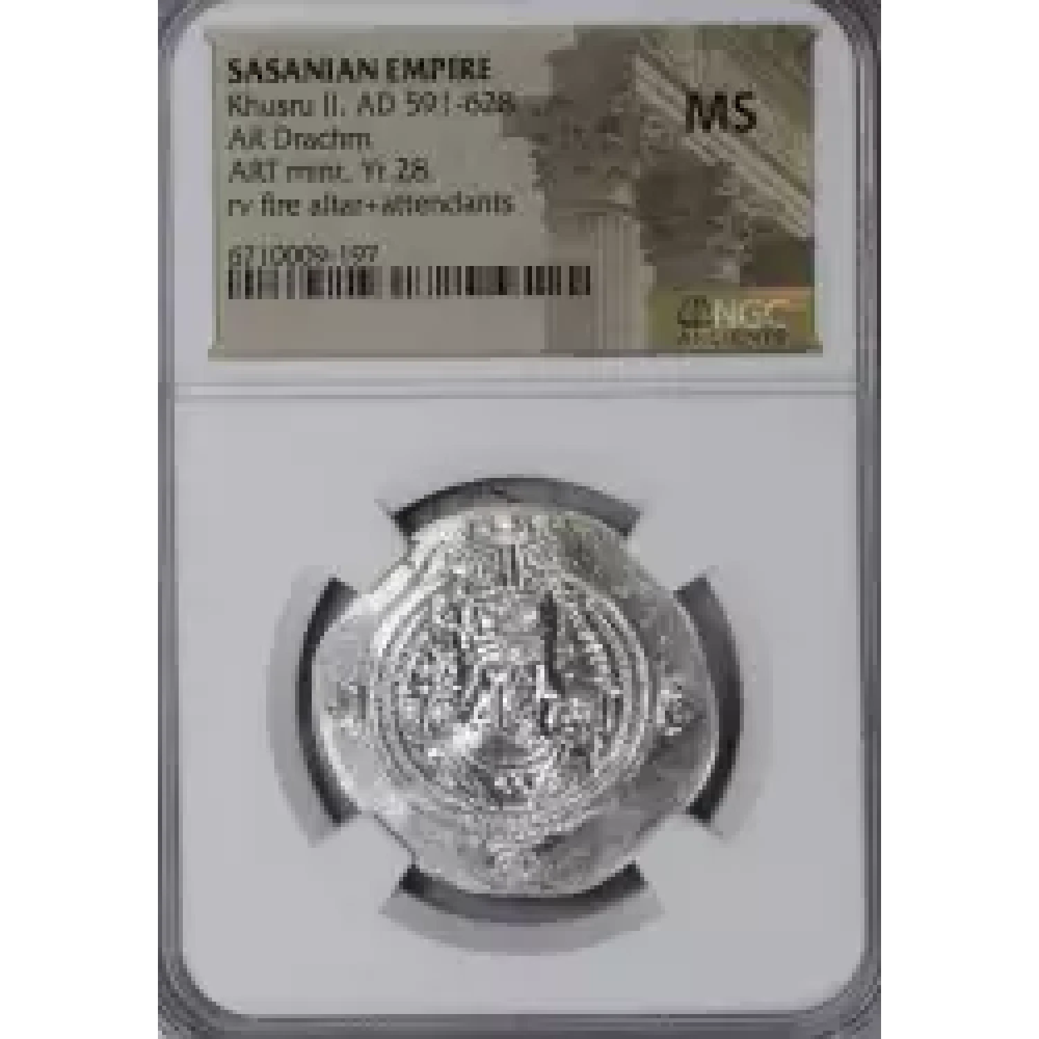 NGC MS Sasanian Khusru II AR Drachm 591-628 AD ART mint, year 28 ...
