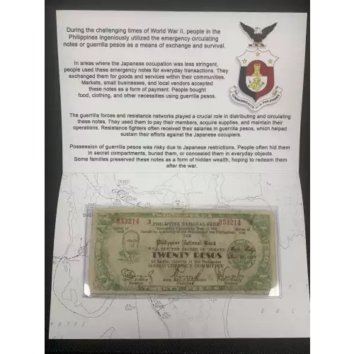 Philippines WWII Guerrilla Currency 1942 20 Pesos in Folder