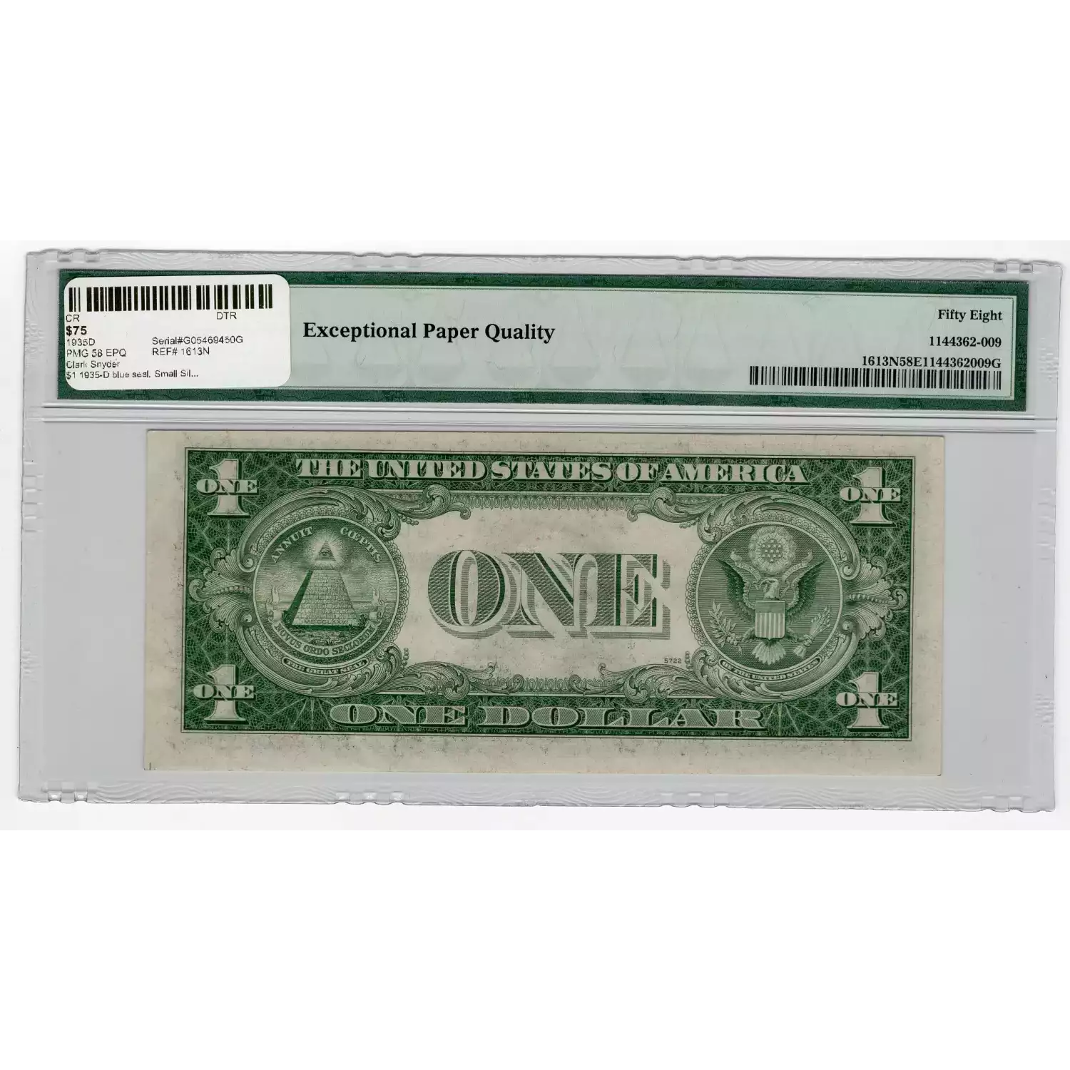 PMG 58EPQ Series 1935D Narrow $1 Silver Certificate with BEP Rejections PMG 58EPQ Series 1935D Narrow $1 Silver Certificate with BEP Rejections