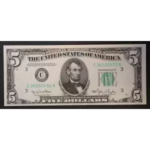 $5 1950 blue-Green seal. Small Size $5 Federal Reserve Notes 1961-C