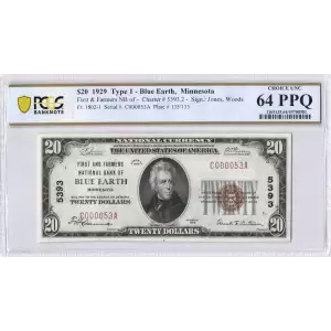 $20 1929 small brown seal. Small National Bank Notes 1802-1