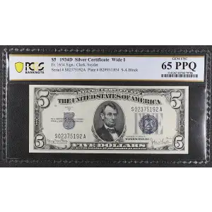 $5 1934-D blue seal. Small Silver Certificates 1654