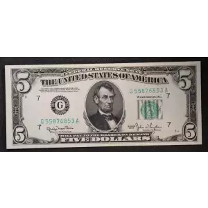 $5 1950 blue-Green seal. Small Size $5 Federal Reserve Notes 1961-G