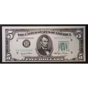 $5 1950 blue-Green seal. Small Size $5 Federal Reserve Notes 1961-H