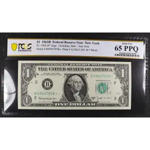 $1 1963-B. Green seal. Small Size $1 Federal Reserve Notes 1902-B*