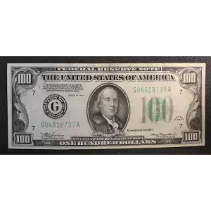 $100 1934 blue-Green seal. Small Size $100 Federal Reserve Notes 2152a-G (2)