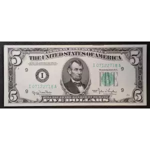 $5 1950 blue-Green seal. Small Size $5 Federal Reserve Notes 1961-I