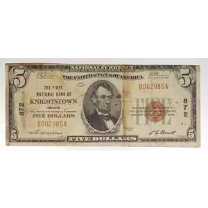 $5 1929 Small brown seal Small National Bank Notes 1800-1