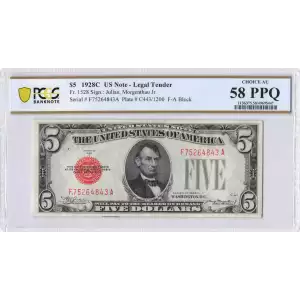 $5 1928-C red seal. Small Legal Tender Notes 1528