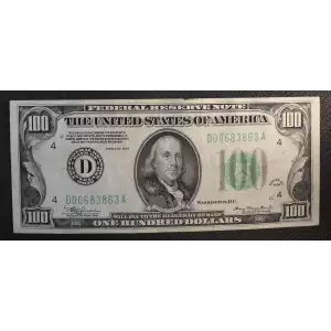 $100 1934 blue-Green seal. Small Size $100 Federal Reserve Notes 2152a-D