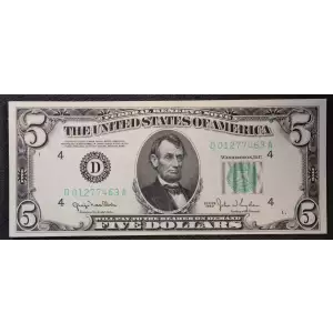$5 1950 blue-Green seal. Small Size $5 Federal Reserve Notes 1961-D