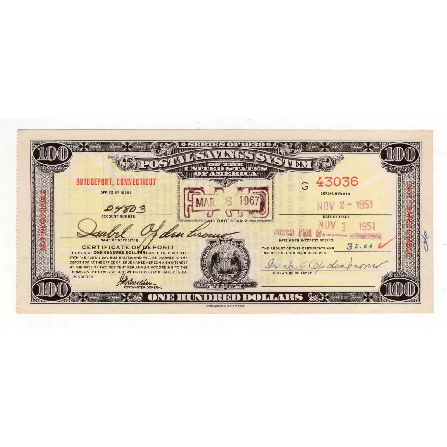 Series of 1939 100 Bridgeport, Connecticut Postal Savings System