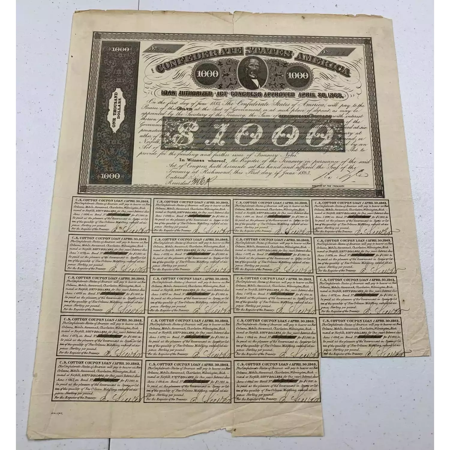 Type 152, Ball 280, 1863 $1000 Confederates States of America Loan w ...